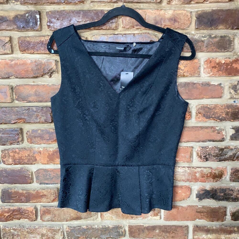 NWT Tahari Black Floral Lace Embossed Sleeveless Kamila Peplum Top Women's Small